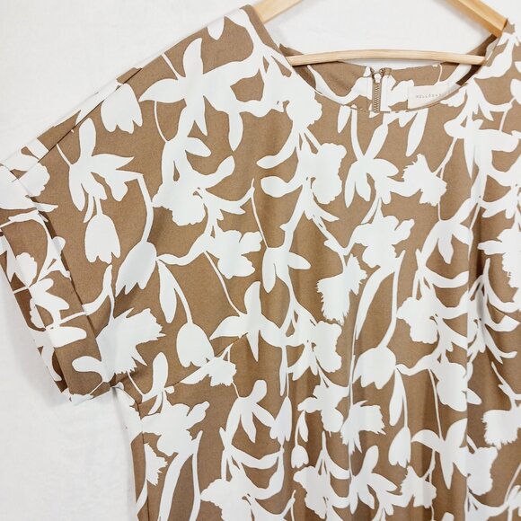 Melloday, Women's 2X Floral Print Top, Short Sleeve, Tan & White, 1/4 Zip Back - Picture 5 of 12